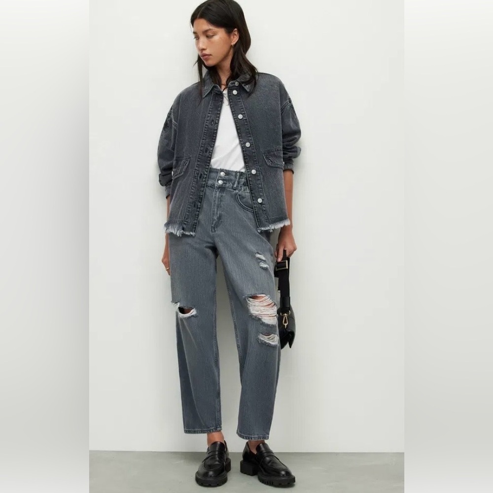 All Saints Gray Hailey Distressed Barrel Fit High Rise Jeans. Organic Cotton. 8